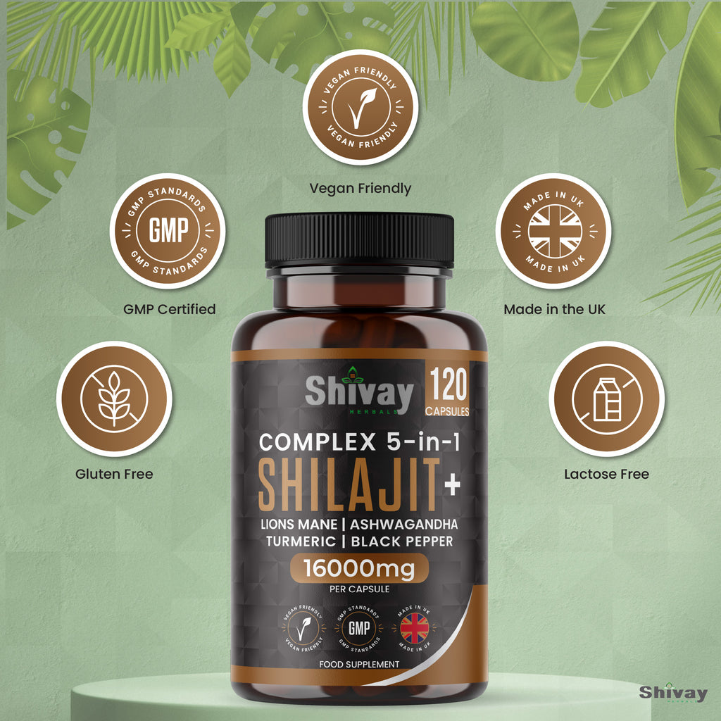 Shivay Herbals Shilajit 16000mg Complex 5 in 1 with Ashwagandha + Lions Mane - 120 Vegan Capsules - 4 Month Supply - High Strength Pure Himalayan Shilajit