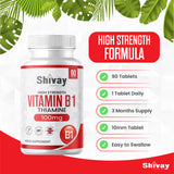 Vitamin B1 Thiamine 100mg Supplement - 90 Vegan Tablets - 3 Months Supply - Supports Heart, Nervous, Immune Function - Made in The UK - Shivay Herbals