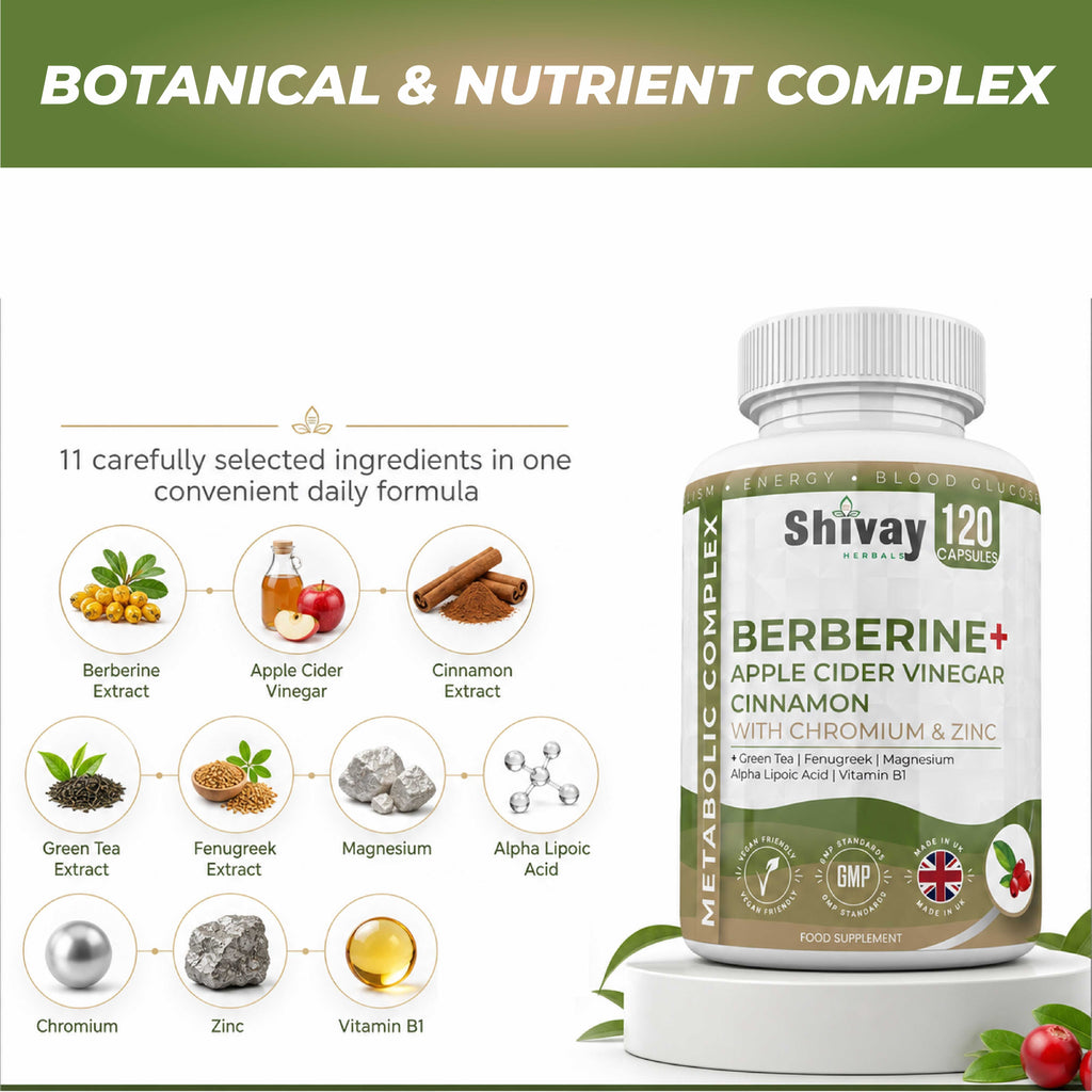 Berberine 11-in-1 Complex with ACV,Cinnamon,Chromium,Zinc - 120 Vegan Capsules