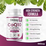 Co Enzyme Q10 200mg Per Capsule - Pure & Natural Ubiquinone - 60 High Strength CoQ10 Vegan Capsules Supplement - Made in The UK by Shivay Herbals