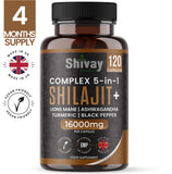 Shivay Herbals Shilajit 16000mg Complex 5 in 1 with Ashwagandha + Lions Mane - 120 Vegan Capsules - 4 Month Supply - High Strength Pure Himalayan Shilajit