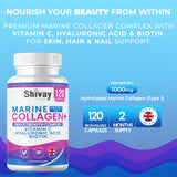 Shivay Herbals Marine Collagen Complex with Vitamin C, Hyaluronic Acid, Biotin | 1000mg Hydrolysed Type I Collagen Supplement for Hair Skin Nails | 120 Capsules - 2 Month Supply