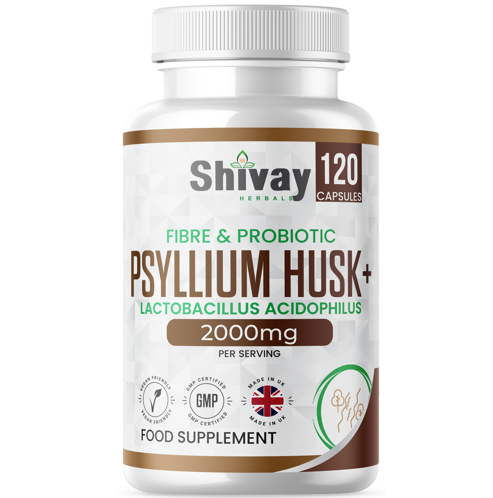 Psyllium Husk 2000mg + 200 Mcfu Lactobacillus Acidophilus Per Serving - Probiotics & Natural Soluble Fiber Supplement - 120 Vegan Capsules - 2 Month Supply - Made in The UK by Shivay Herbals