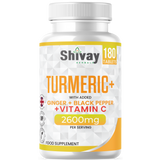 Turmeric Curcumin 2600mg Per Serving - with Added Ginger, Black Pepper & Vitamin C - 180 Vegan Tablets - 3 Month Supply - High Strength Curcumin Natural Supplement - Made in The UK by Shivay Herbals