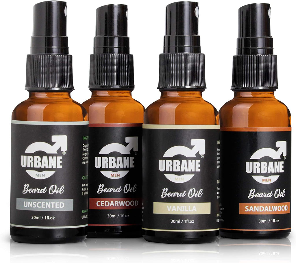 Urbane Men Beard Oil Set - Sandalwood, Cedarwood, Vanilla, Unscented - 4 x 30ml