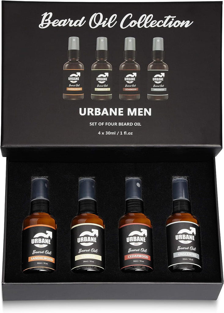 Urbane Men Beard Oil Set - Sandalwood, Cedarwood, Vanilla, Unscented - 4 x 30ml