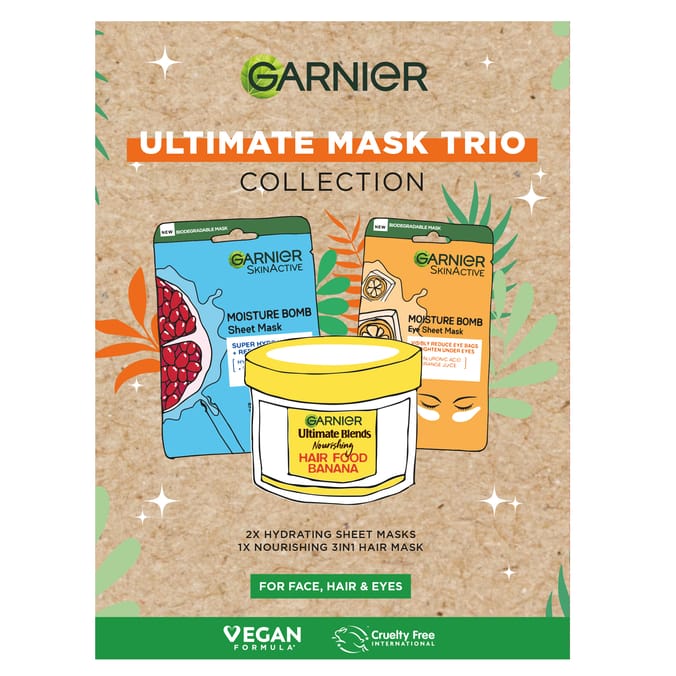 Garnier Ultimate Mask Trio Gift Set- Sheet Mask for Hair & Eyes + Hair Food Mask