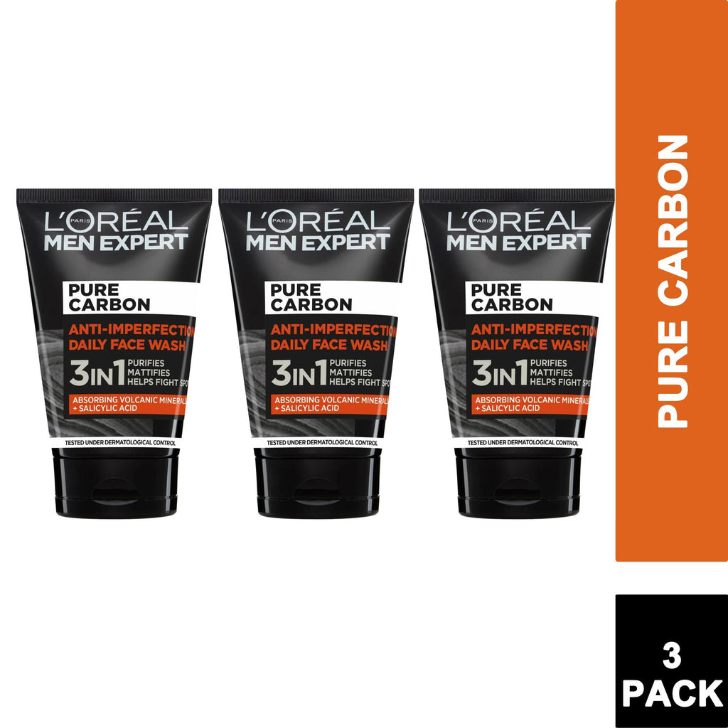 3 PACK - L'Oreal Men Expert Pure Carbon Anti-Imperfection Daily Face Wash 100ml
