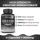 Creatine Monohydrate 240 Capsules 2 Month Supply – 100% Pure Vegan Creatine – Unflavoured – Premium Micronised Formula – Made in The UK by Shivay Herbals