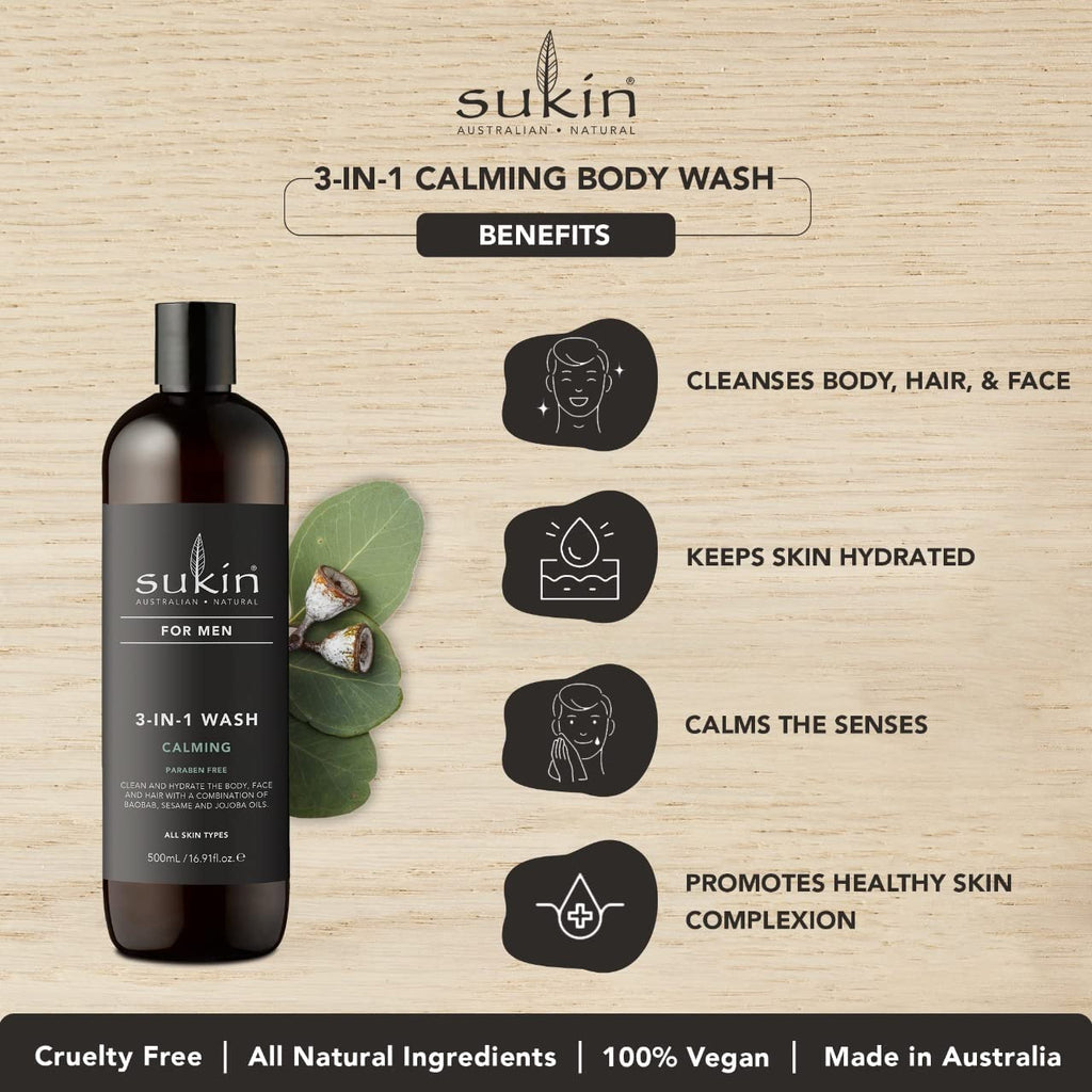 Sukin Natural for Men 3 in 1 Calming Body and Hair Wash 500ml