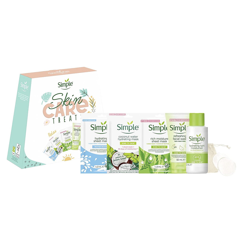 Simple Skincare Treats Gift Set with Face Sheet Mask Face Wash Moisturiser, Pads