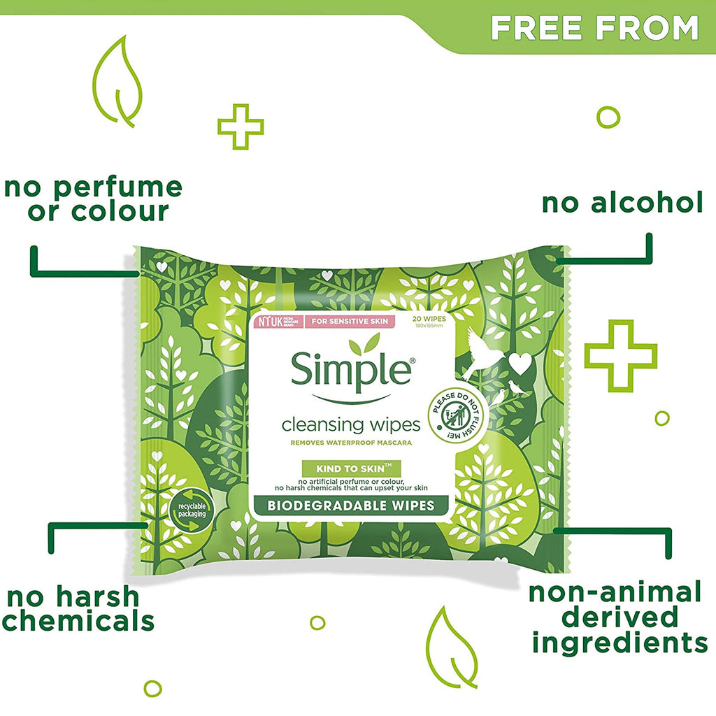 6 PACK - Simple Kind to Skin Biodegradable Cleansing Wipes (120 Total Wipes)