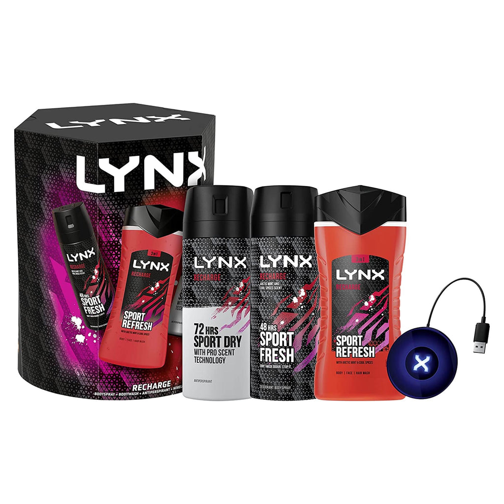 Lynx RECHARGE Sport Fresh Trio Gift Set Body Spray, Body Wash & Deo & Charger